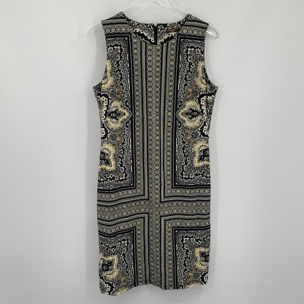 J McLaughlin sleeveless jersey knit shift sheath dress black tan Large